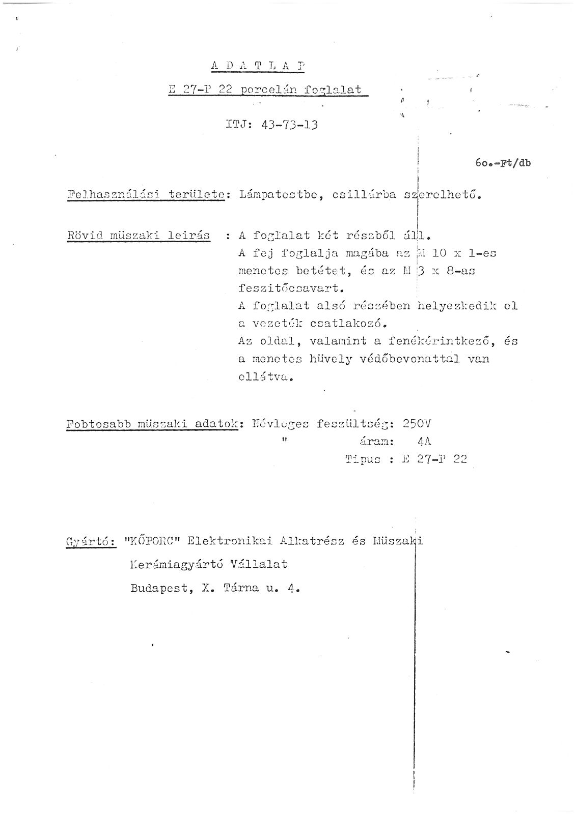 KŐPORC E27 P22 foglalat adatlap